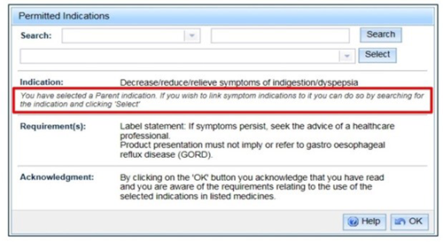 screenshot showing Permitted Indications highlighting Indication