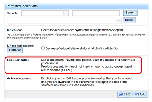 screenshot showing Permitted Indications highlighting Requirement(s)