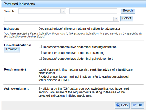 screenshot showing Permitted Indications Linked Indications