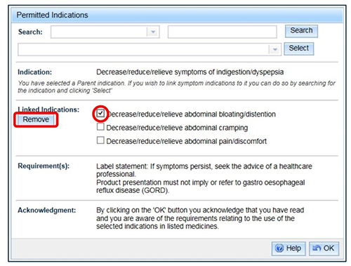 screenshot showing Permitted Indications highlighting how to remove a linked indication