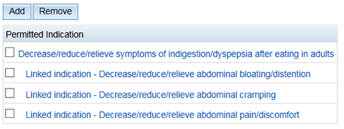 screenshot showing Permitted Indications - linked indications slightly indented