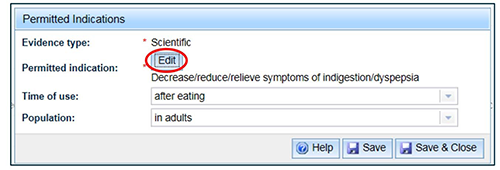 screenshot showing Permitted Indications Edit button