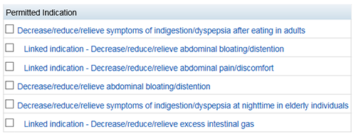 Screenshot of linked permitted indications