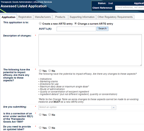 screenshot of Assessed Listed Application tab