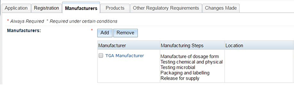 screenshot of Manufacturers tab