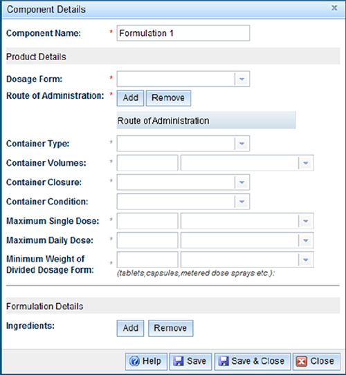 screenshot of Component Details fields