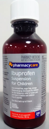 Bottle of Pharmacy Care ibuprofen suspension for children