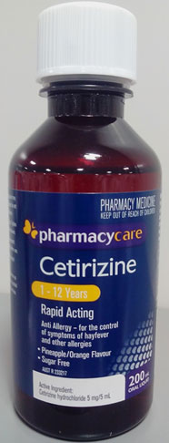 Bottle of Pharmacy Care cetirizine oral solution for 1 to 12 years