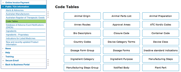 screenshot showing Code Tables under Public TGA Information in the TBS portal