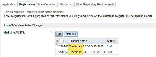 screenshot of Registration tab - list of medicines to be changed