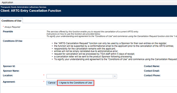 Screenshot of TGA Business Services portal: I agree to the Conditions of Use button