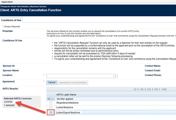 Screenshot of TGA Business Services portal: ARTG entry with checkbox ticked and entry information appearing in shaded box on left of screen