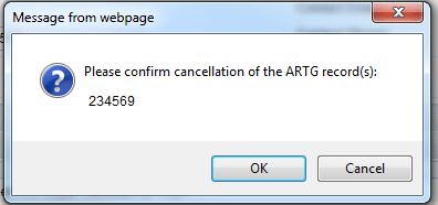 Screenshot of TGA Business Services portal: Message and button to confirm cancellation of ARTG record