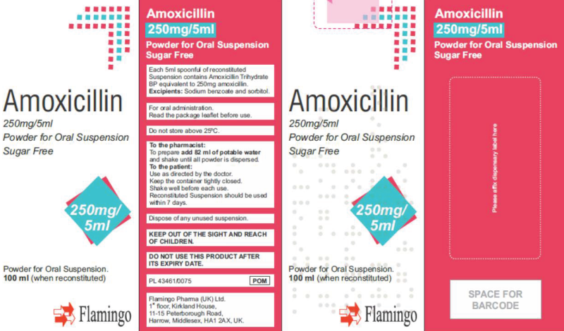 Picture of Amoxicillin 250mg/5mL powder for oral suspension sugar free (Flamingo Pharma)