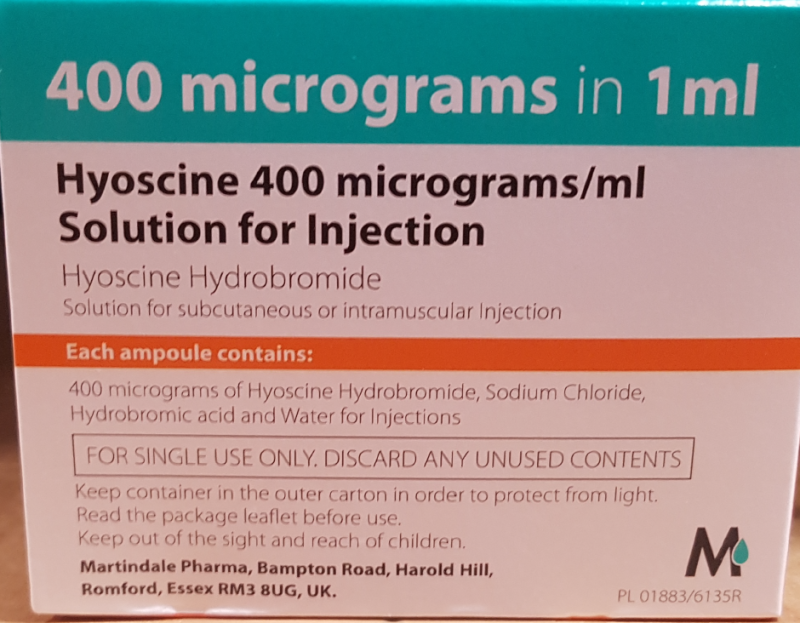 Picture of Hyoscine hydrobromide 400mcg/1mL solution for injection (Martindale Pharma) Back