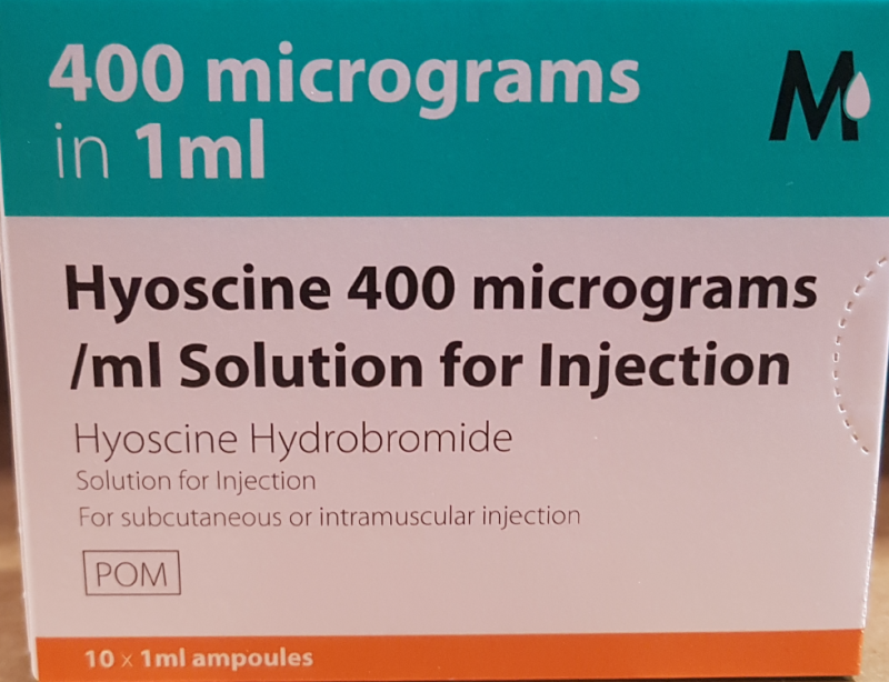 Picture of Hyoscine hydrobromide 400mcg/1mL solution for injection (Martindale Pharma) Front