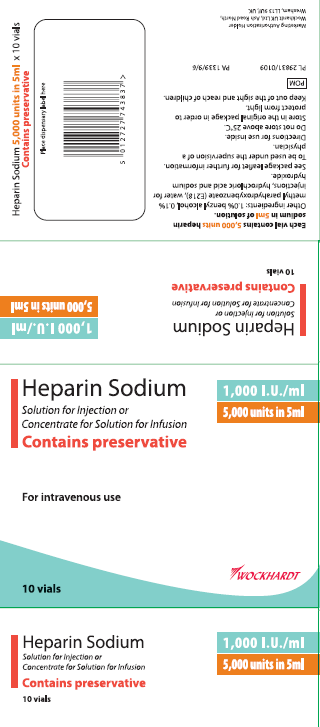 Picture of Heparin sodium (1,000IU/mL) 5,000 units in 5mL solution for injection or concentrate for solution for infusion - CONTAINS  PRESERVATIVE (Wockhardt)