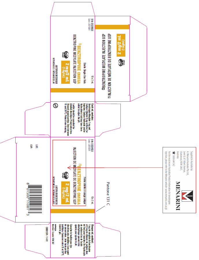 Picture of BENZTROPINE OMEGA benztropine mesylate 2mg/2ml injection vial -carton