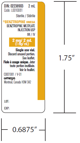 Picture of BENZTROPINE OMEGA benztropine mesylate 2mg/2ml injection vial - label