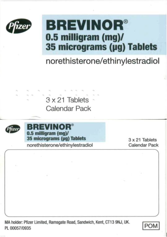 Picture of BREVINOR norethisterone 0.5mg and ethinylestradiol 0.035mg tablet blister pack (UK)