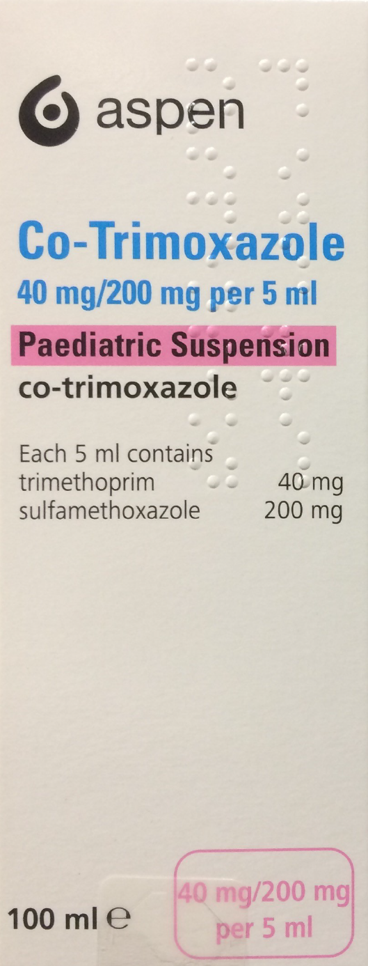 Picture of CO-TRIMOXAZOLE sulfamethoxazole and trimethoprim 40mg/200mg per 5mL paediatric suspension (Aspen)