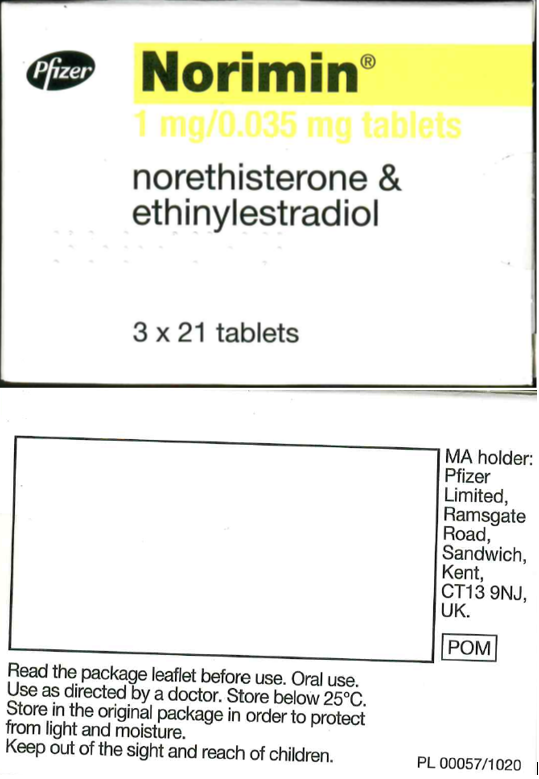 Picture of NORIMIN 1mg/0.035mg norethisterone and ethinylestradiol tablet blister pack (UK)