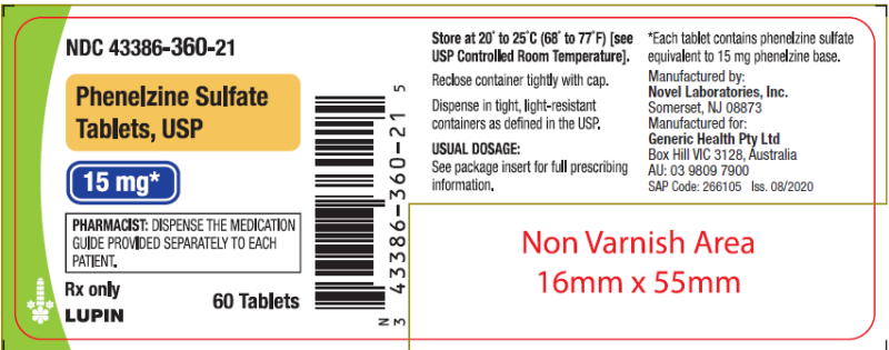 Picture of Phenelzine Sulfate USP 15mg Tablets (Lupin Pharmaceuticals) - label