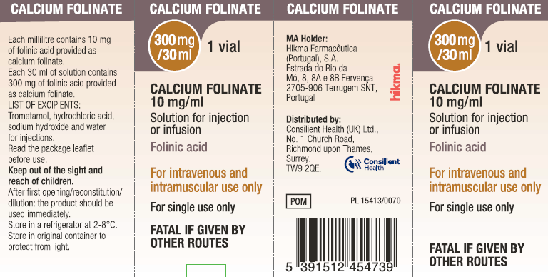 Picture of Calcium folinate 300 mg/30ml solution for injection or infusion vial (Hikma/Consilient UK)