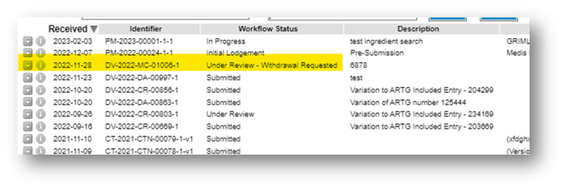 Screenshot showing figure 8 to withdraw an ARTG application