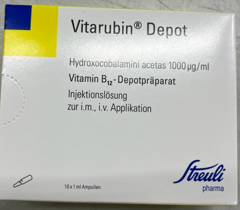 Picture of VITARUBIN Depot hydroxocobalamin acetate 1mg/mL (Streuli Pharma, Switzerland)