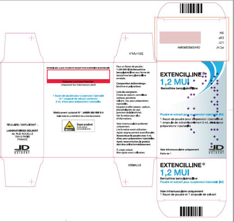 Picture of EXTENCILLINE benzathine benzylpenicillin 1.2 Million IU powder and solvent for suspension for IM injection - carton