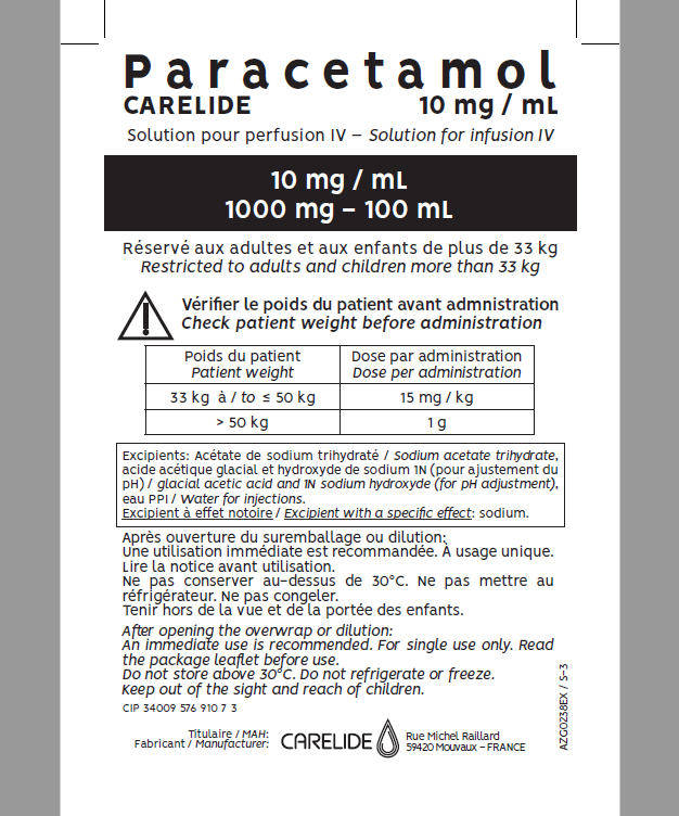 Picture of Paracetamol CARELIDE 10mg/mL (1000mg/100mL) solution for infusion - bag label