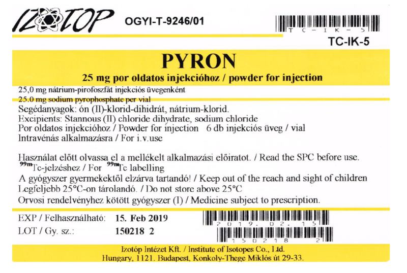 Picture of PYRON sodium pyrophosphate 25mg powder for injection vial - box