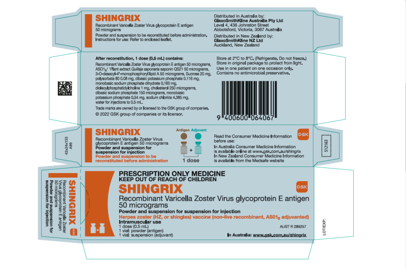 Picture of SHINGRIX Recombinant Varicella Zoster Virus glycoprotein E antigen 50 micrograms, powder and suspension for suspension for injection - carton