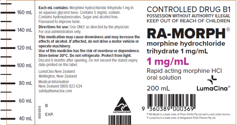 Picture of RA-MORPH morphine hydrochloride trihydrate 1mg/mL oral solution bottle label