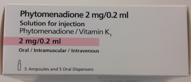 Picture of Phytomenadione (vitamin K) 2 mg/0.2 mL solution for injection ampoules - carton