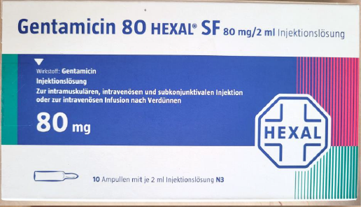 Picture of Gentamicin HEXAL 80mg/2mL injection 10 pack ampoules - carton