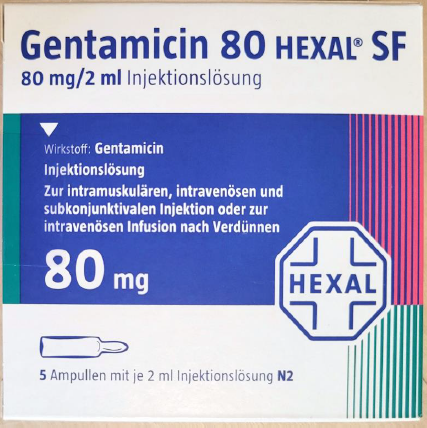 Picture of Gentamicin HEXAL 80mg/2mL injection 5 pack ampoules - carton