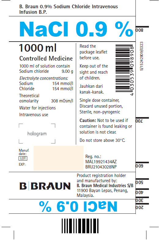 Picture of 0.9% sodium chloride infusion 1000mL bottle - label