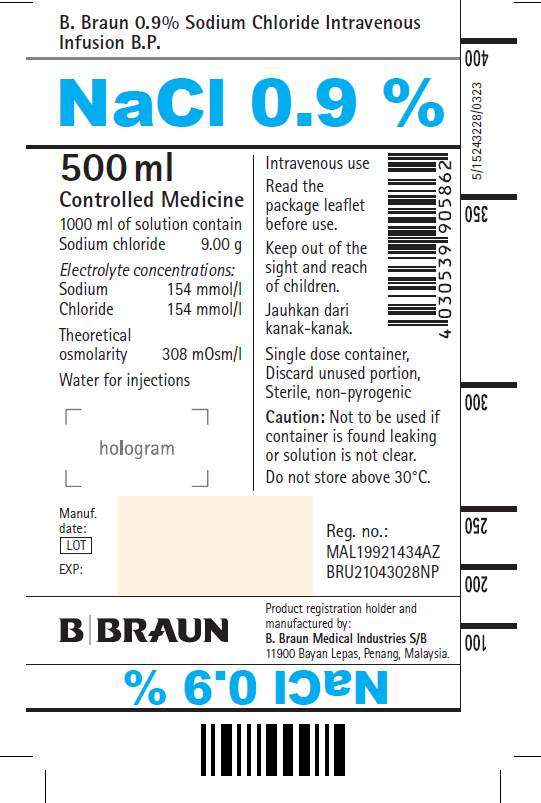 Picture of 0.9% sodium chloride infusion 500mL bottle - label