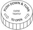 Illustration of a circular bottle cap with text "PUSH DOWN & TURN" around the edge and "CLOSE TIGHTLY TO OPEN" in the center, representing instructions for a child-resistant medicine bottle closure.