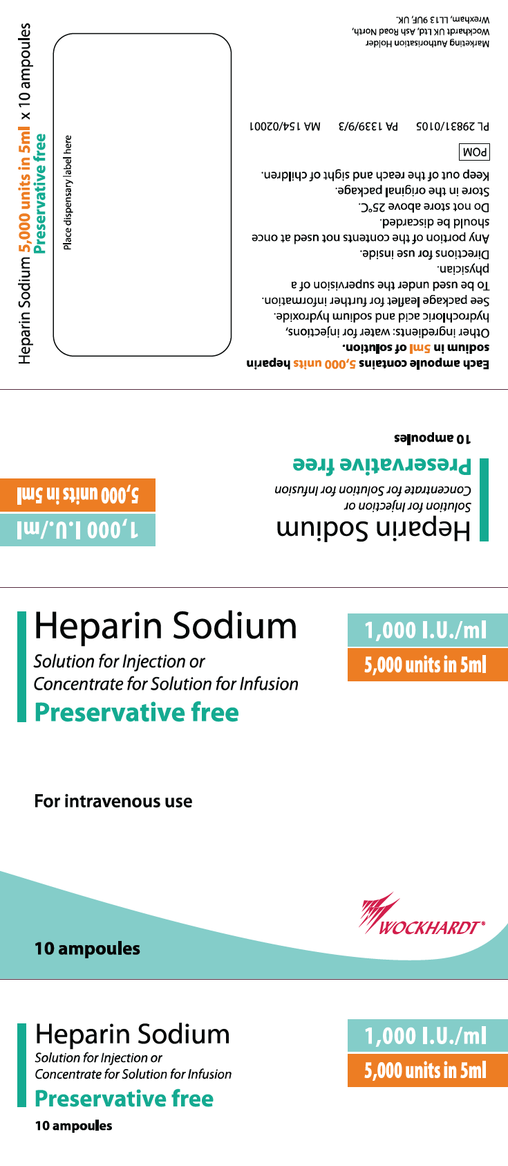 Picture of Heparin sodium (1,000IU/mL) 5,000 units in 5mL solution for injection or concentrate for solution for infusion - preservative free (Wockhardt)