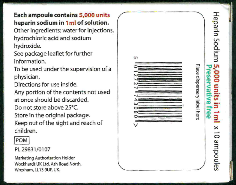 Picture of Heparin sodium 5000 units in 1mL solution for injection ampoules - carton back