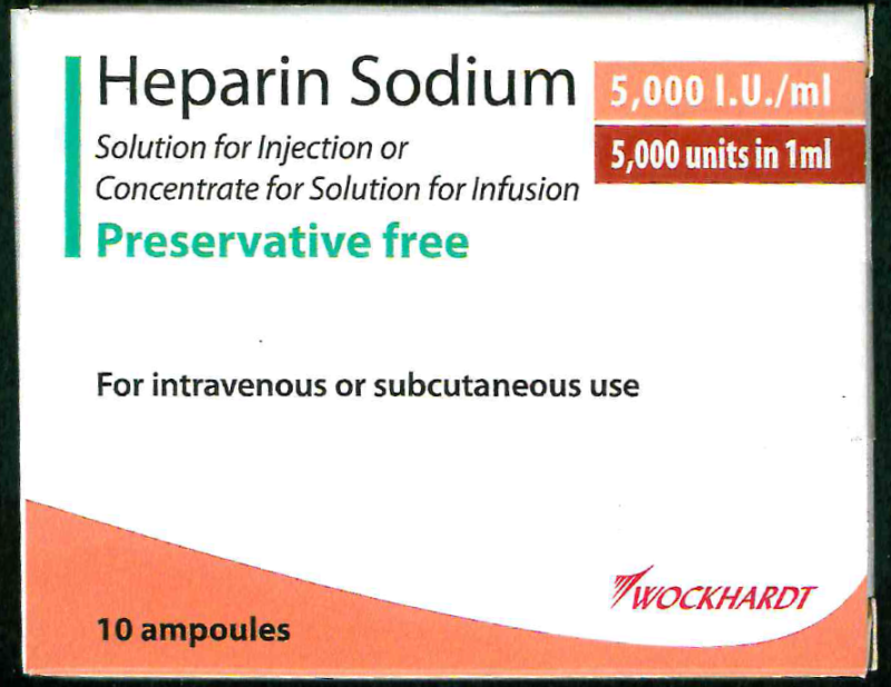 Picture of Heparin sodium 5000 units in 1mL solution for injection ampoules - carton