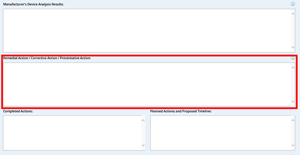 screenshot showing locaton of Remedial Action / Corrective Action / Preventative Action field (below Manufacturer's Device Analysis Results field)