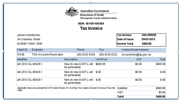 screenshot of Tax invoice