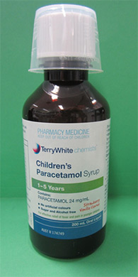 Bottle of Terry White Chemist's branded Children's paracetamol syrup - 1-5 years