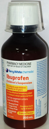 A bottle of Terry White Chemists ibuprofen children's suspension