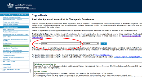 screenshot showing search for vanillin