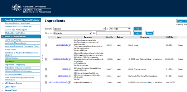 screenshot showing search results for vanillin